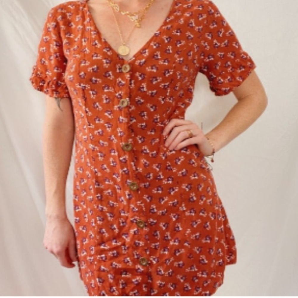 WF Button Down V Neck Burnt Orange Mini Dress